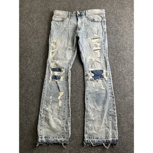 Mens First Row Distressed Paint Splatter Flare Jeans, Size 36x33